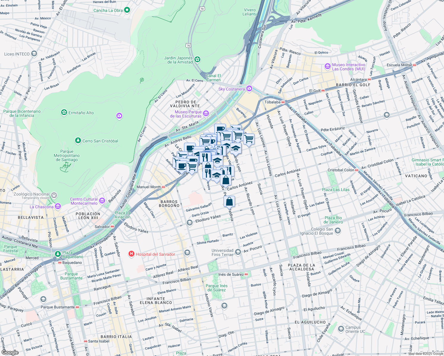 map of restaurants, bars, coffee shops, grocery stores, and more near 428 Avenida Pedro de Valdivia in Providencia