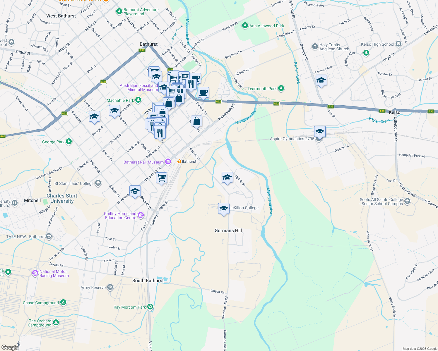 map of restaurants, bars, coffee shops, grocery stores, and more near 17 Russell Street in Gormans Hill