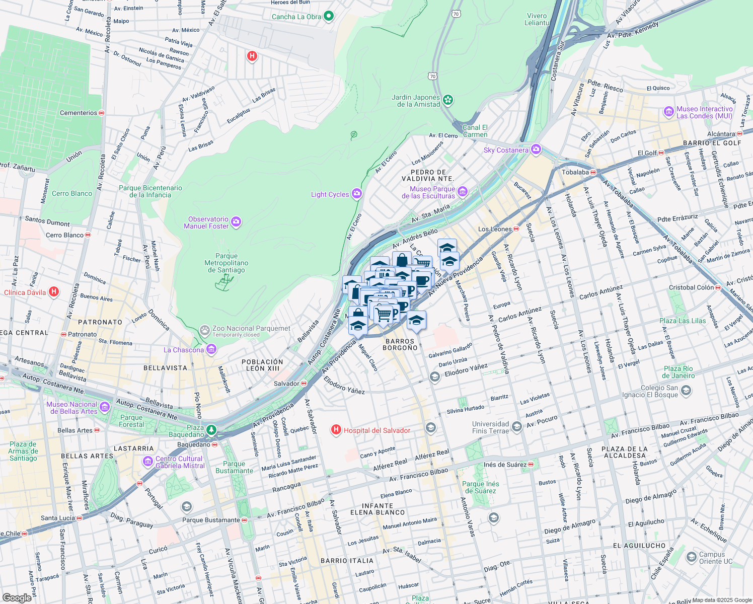map of restaurants, bars, coffee shops, grocery stores, and more near 150 Almirante Pastene in Santiago