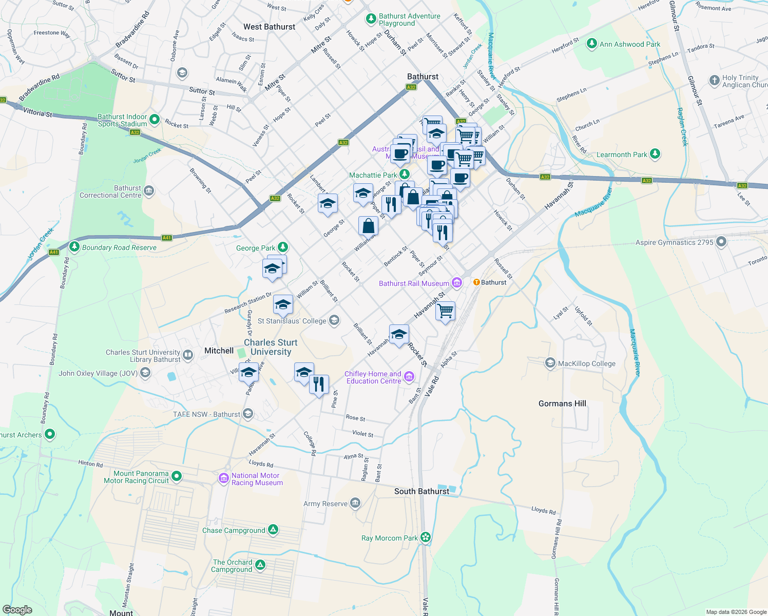 map of restaurants, bars, coffee shops, grocery stores, and more near 186 Seymour Street in Bathurst