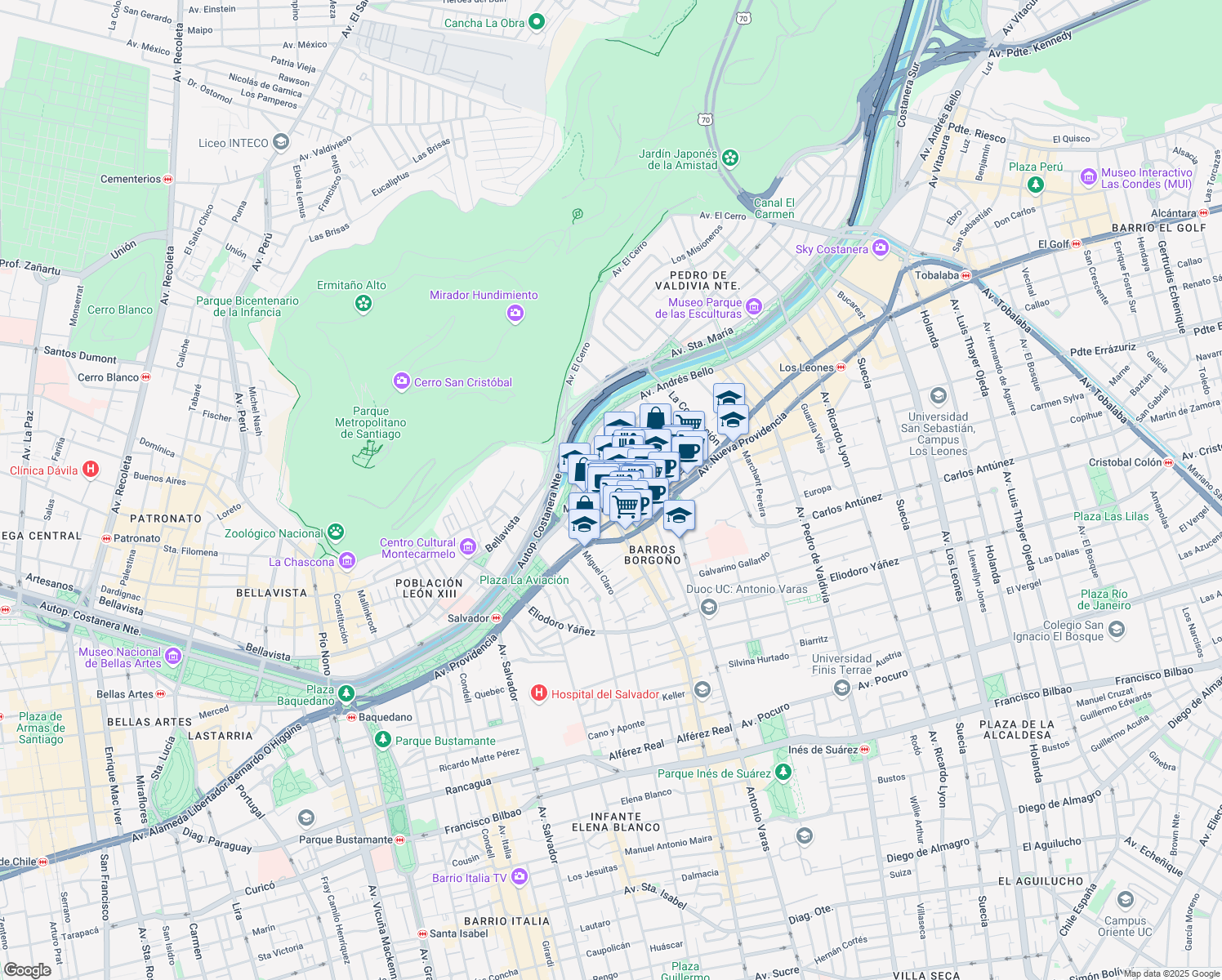 map of restaurants, bars, coffee shops, grocery stores, and more near 150 Almirante Pastene in Santiago