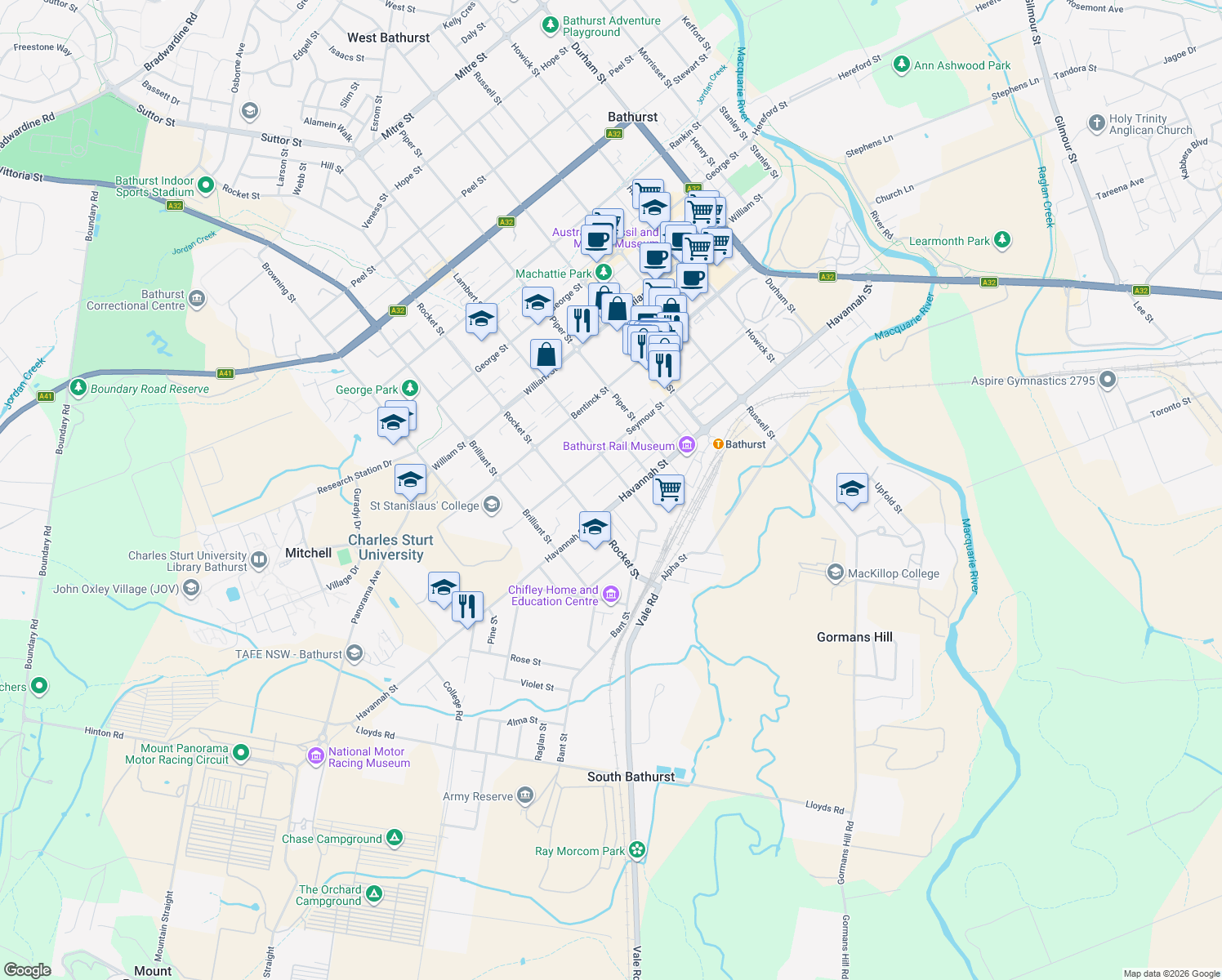map of restaurants, bars, coffee shops, grocery stores, and more near 42 Lambert Street in Bathurst