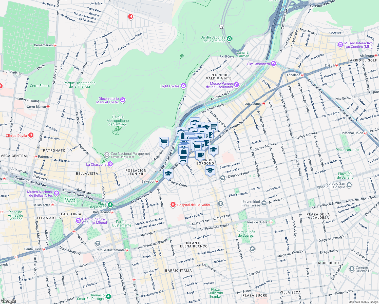 map of restaurants, bars, coffee shops, grocery stores, and more near 1232 Avenida Providencia in Providencia