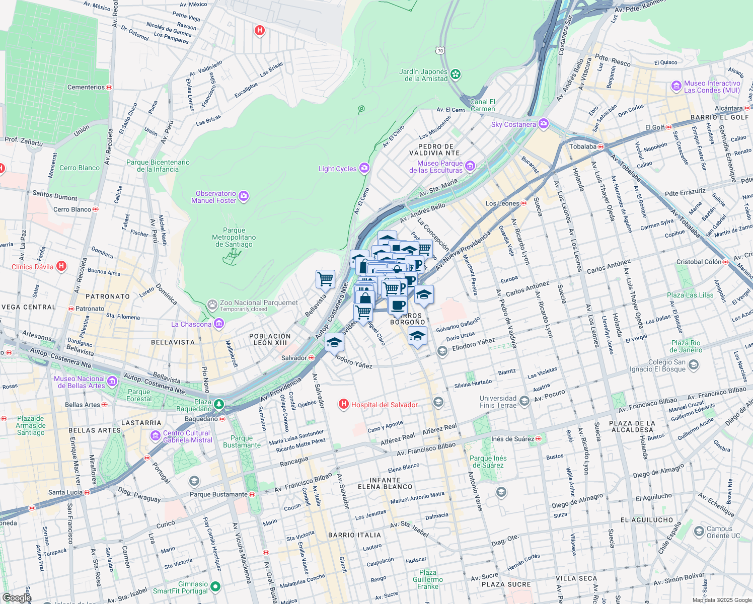 map of restaurants, bars, coffee shops, grocery stores, and more near 1232 Avenida Providencia in Providencia