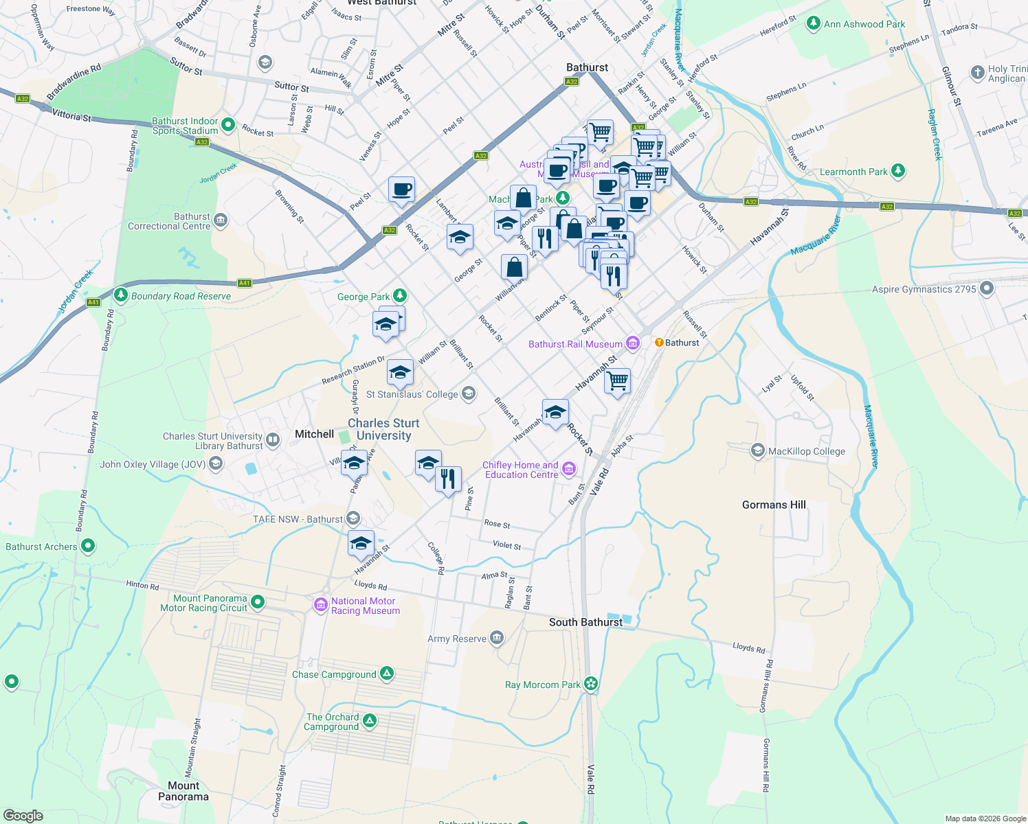 map of restaurants, bars, coffee shops, grocery stores, and more near 61 Brilliant Street in Bathurst