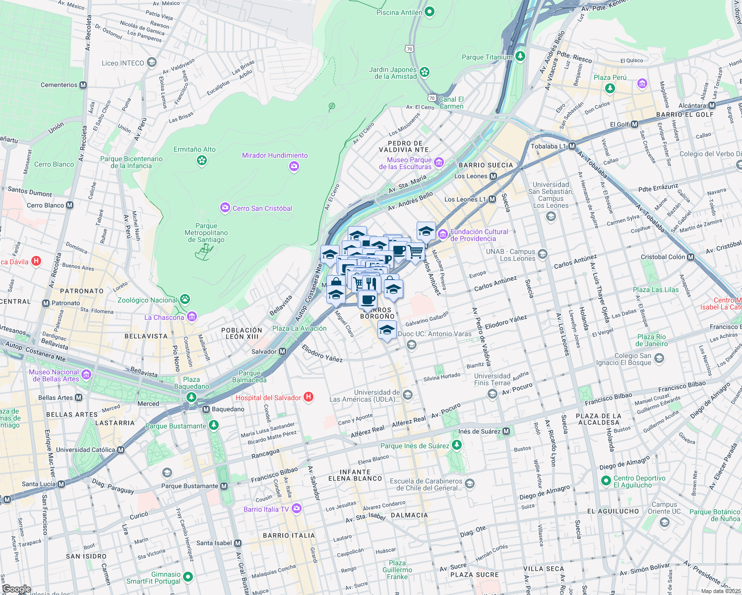 map of restaurants, bars, coffee shops, grocery stores, and more near in Providencia