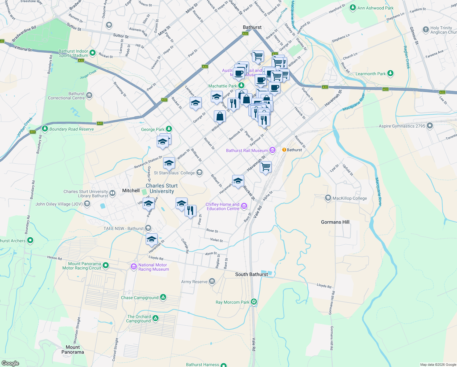 map of restaurants, bars, coffee shops, grocery stores, and more near 189 Havannah Street in Bathurst