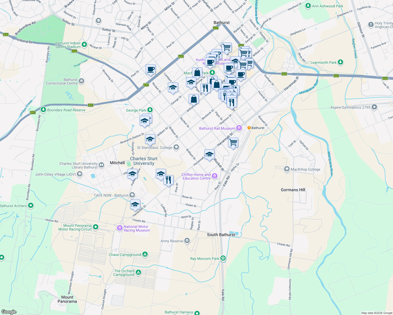 map of restaurants, bars, coffee shops, grocery stores, and more near 53 Brilliant Street in Bathurst