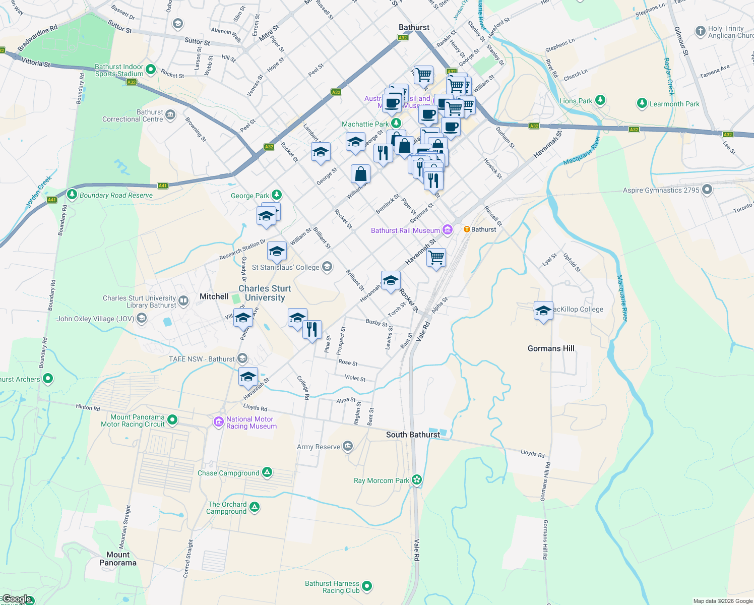 map of restaurants, bars, coffee shops, grocery stores, and more near 27 Brilliant Street in South Bathurst
