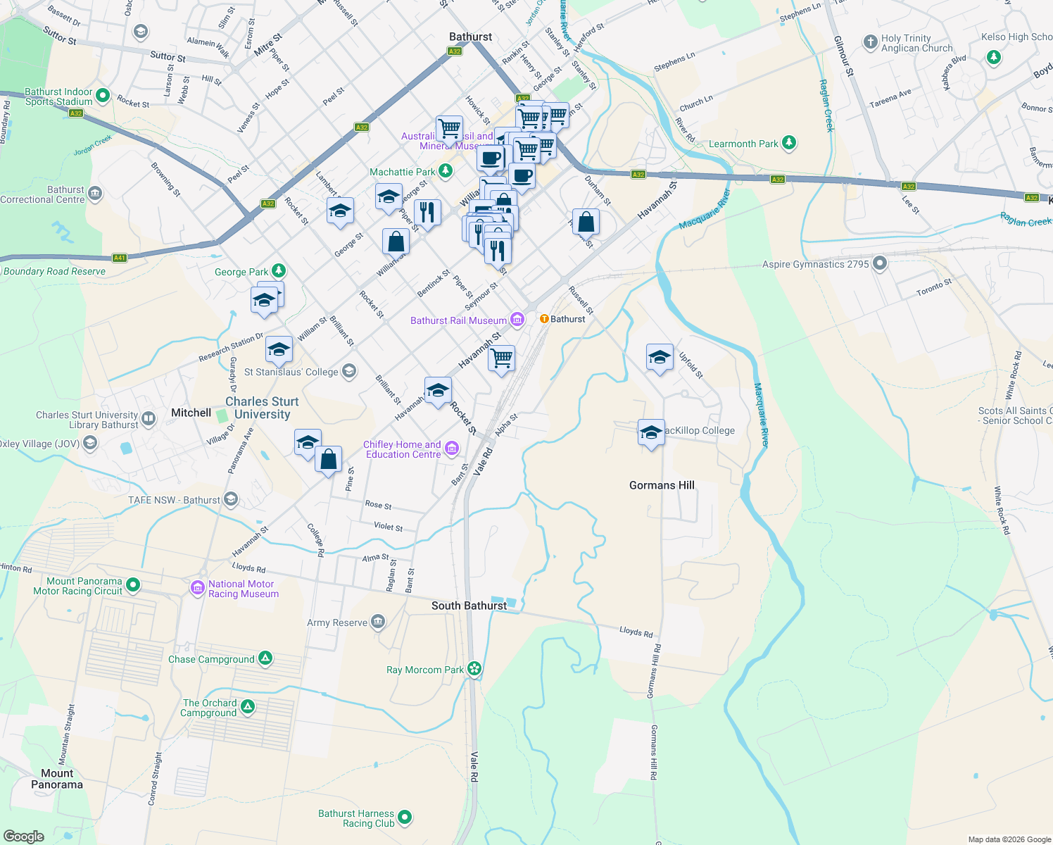 map of restaurants, bars, coffee shops, grocery stores, and more near 53 Carlingford Street in Bathurst