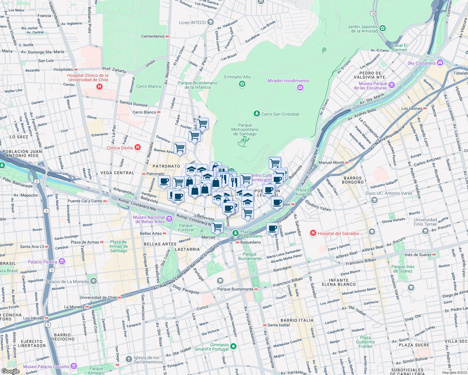 map of restaurants, bars, coffee shops, grocery stores, and more near 175 Fernando Márquez de La Plata in Providencia