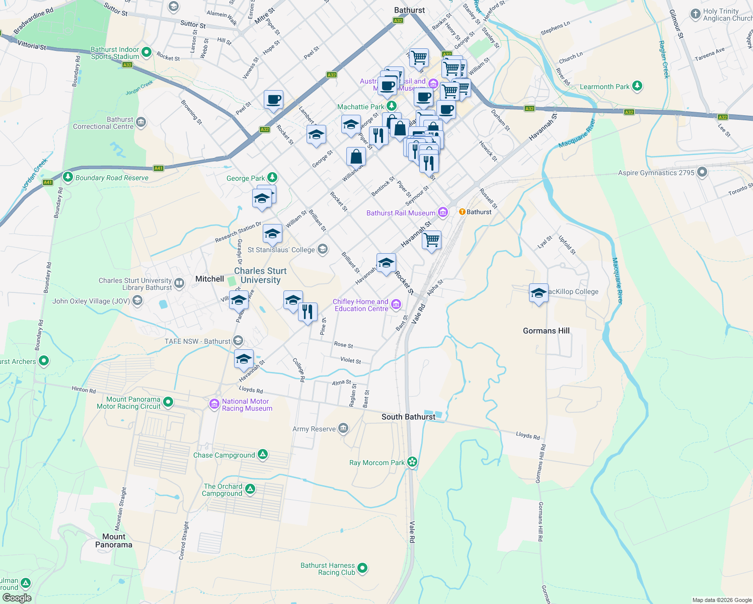 map of restaurants, bars, coffee shops, grocery stores, and more near 6 Brilliant Street in South Bathurst