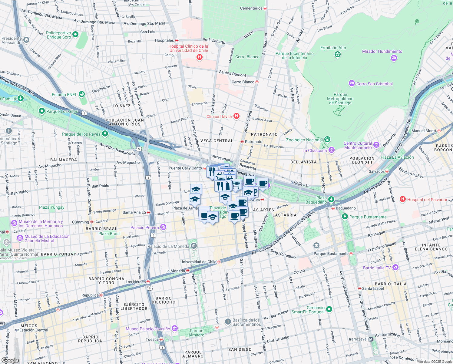 map of restaurants, bars, coffee shops, grocery stores, and more near 802 Diagonal Cervantes in Santiago
