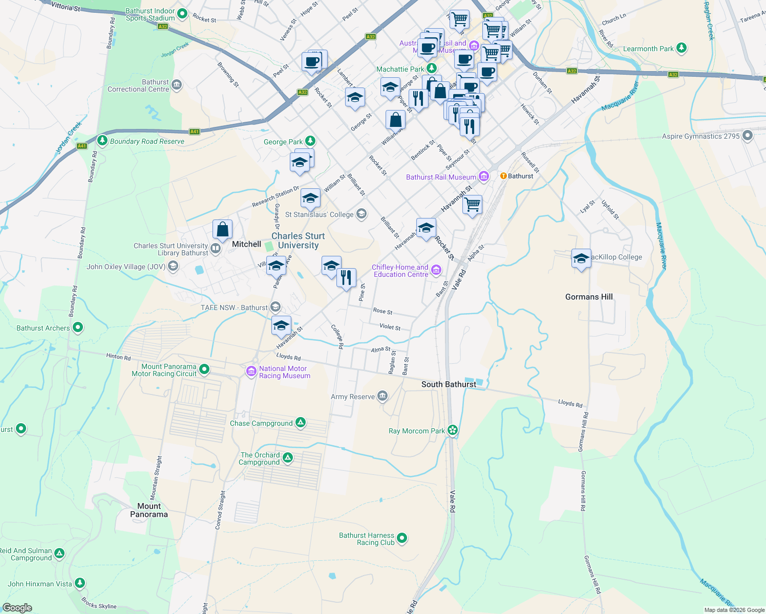 map of restaurants, bars, coffee shops, grocery stores, and more near 53 Rose Street in South Bathurst