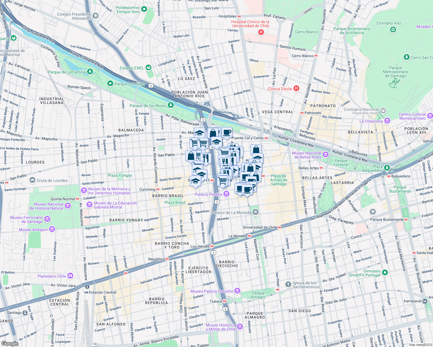 map of restaurants, bars, coffee shops, grocery stores, and more near 1584 Santo Domingo in Santiago
