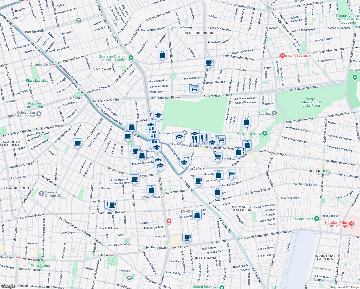 map of restaurants, bars, coffee shops, grocery stores, and more near 6154 Príncipe de Gales in Santiago