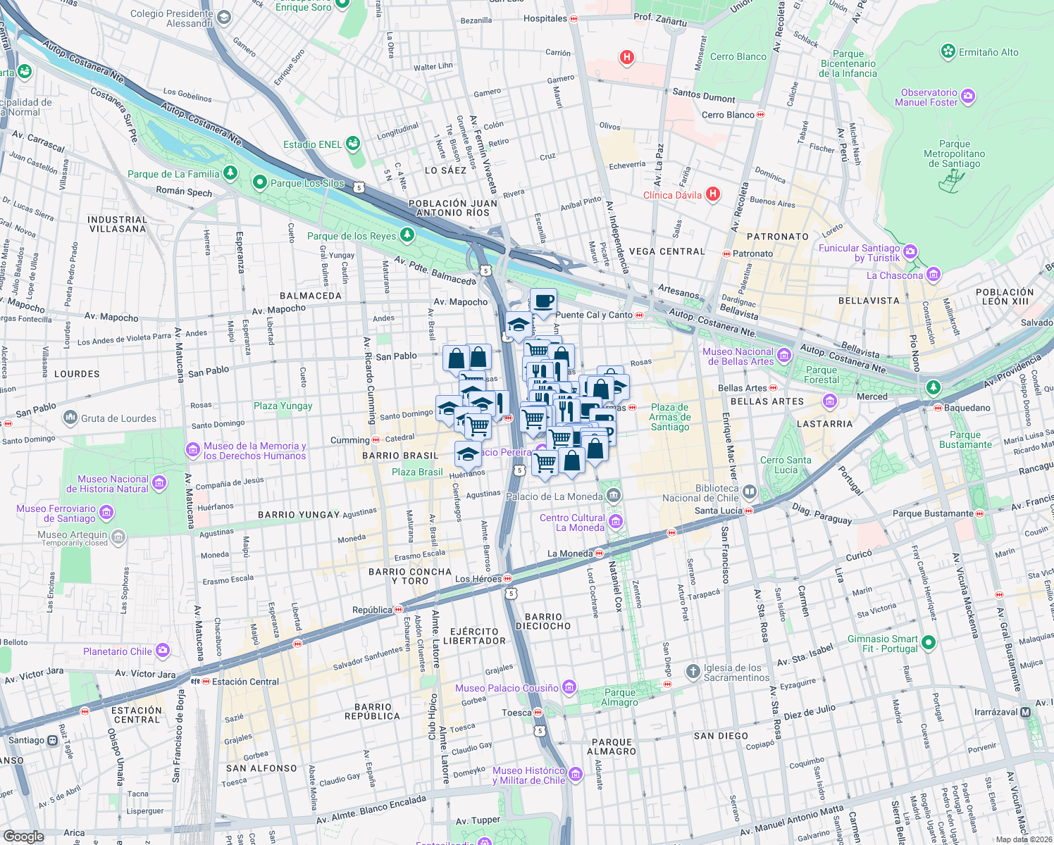 map of restaurants, bars, coffee shops, grocery stores, and more near 1575 Catedral in Santiago