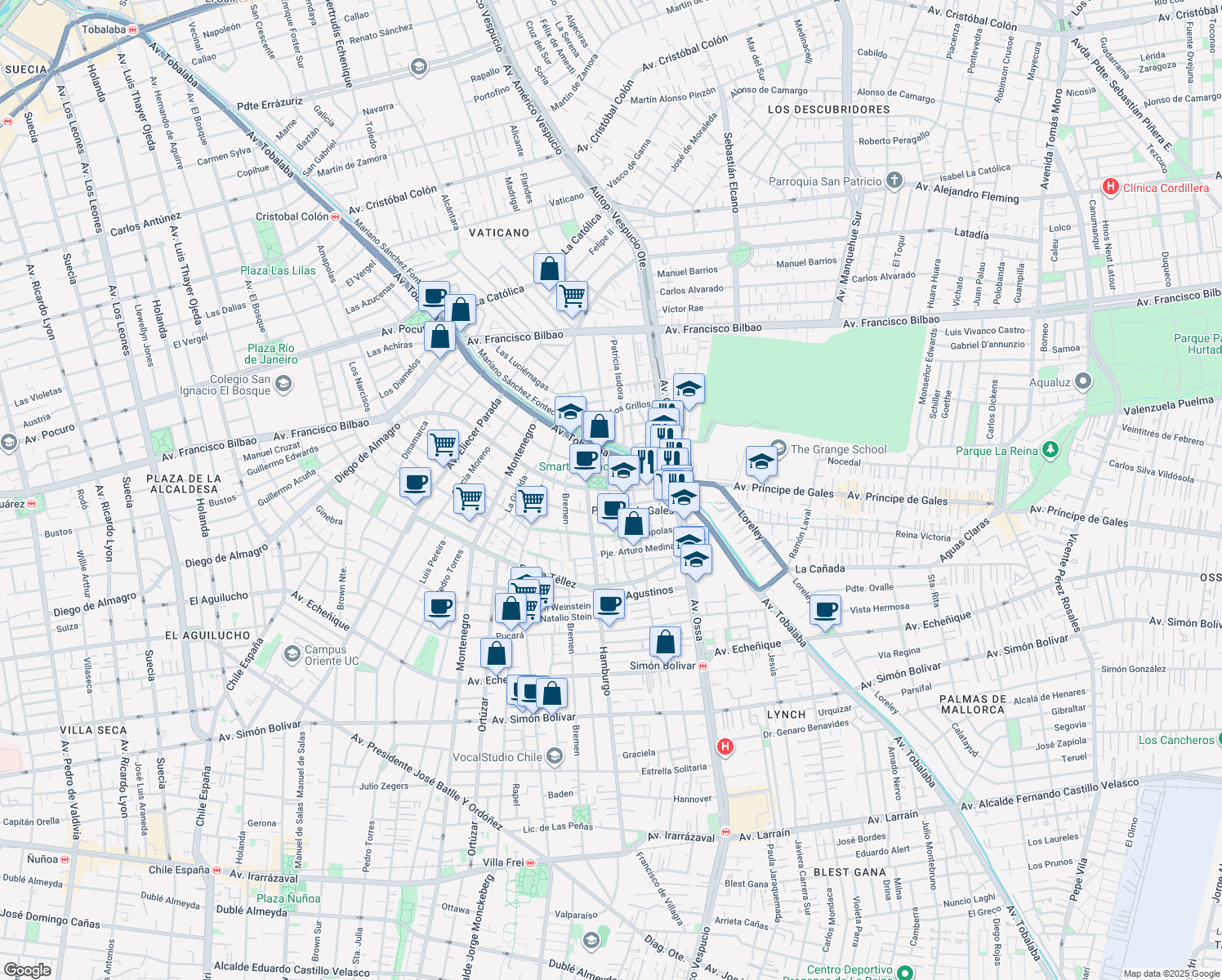 map of restaurants, bars, coffee shops, grocery stores, and more near 5210 Diego de Almagro in Santiago