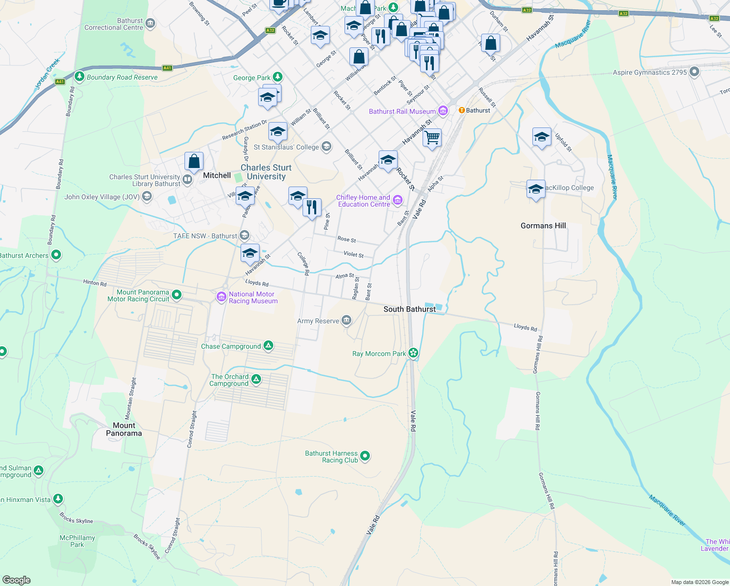 map of restaurants, bars, coffee shops, grocery stores, and more near 123 Bant Street in South Bathurst