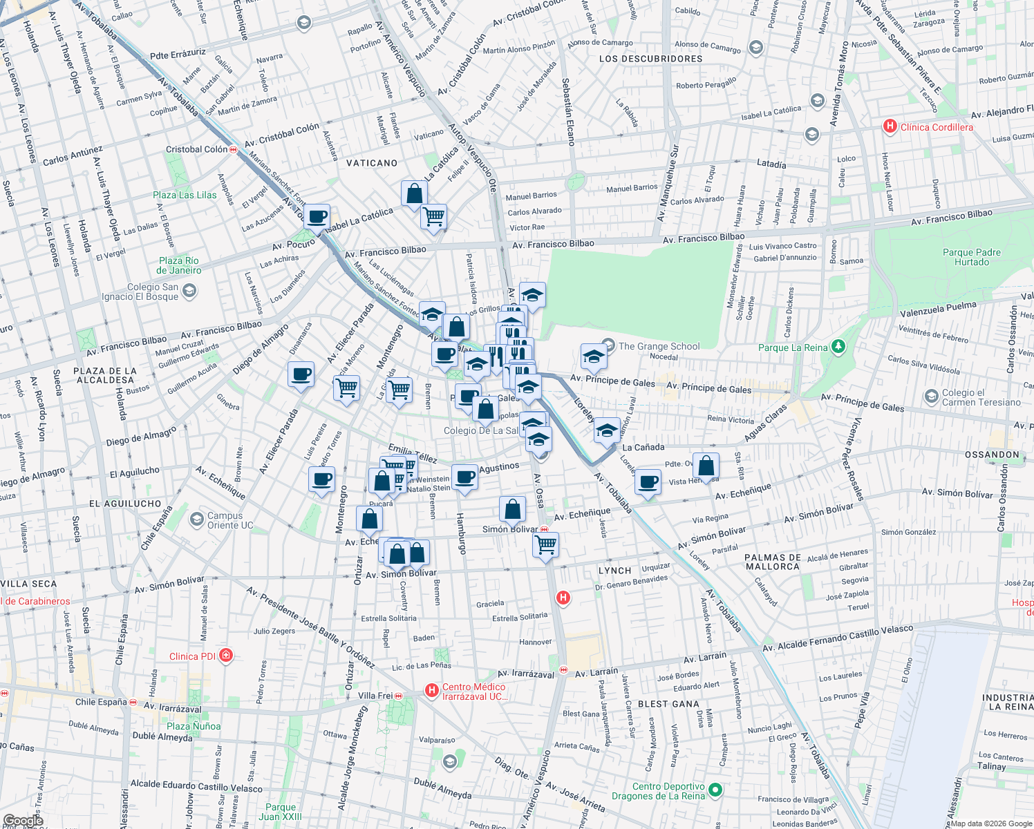 map of restaurants, bars, coffee shops, grocery stores, and more near 5565 Amapolas in Ñuñoa