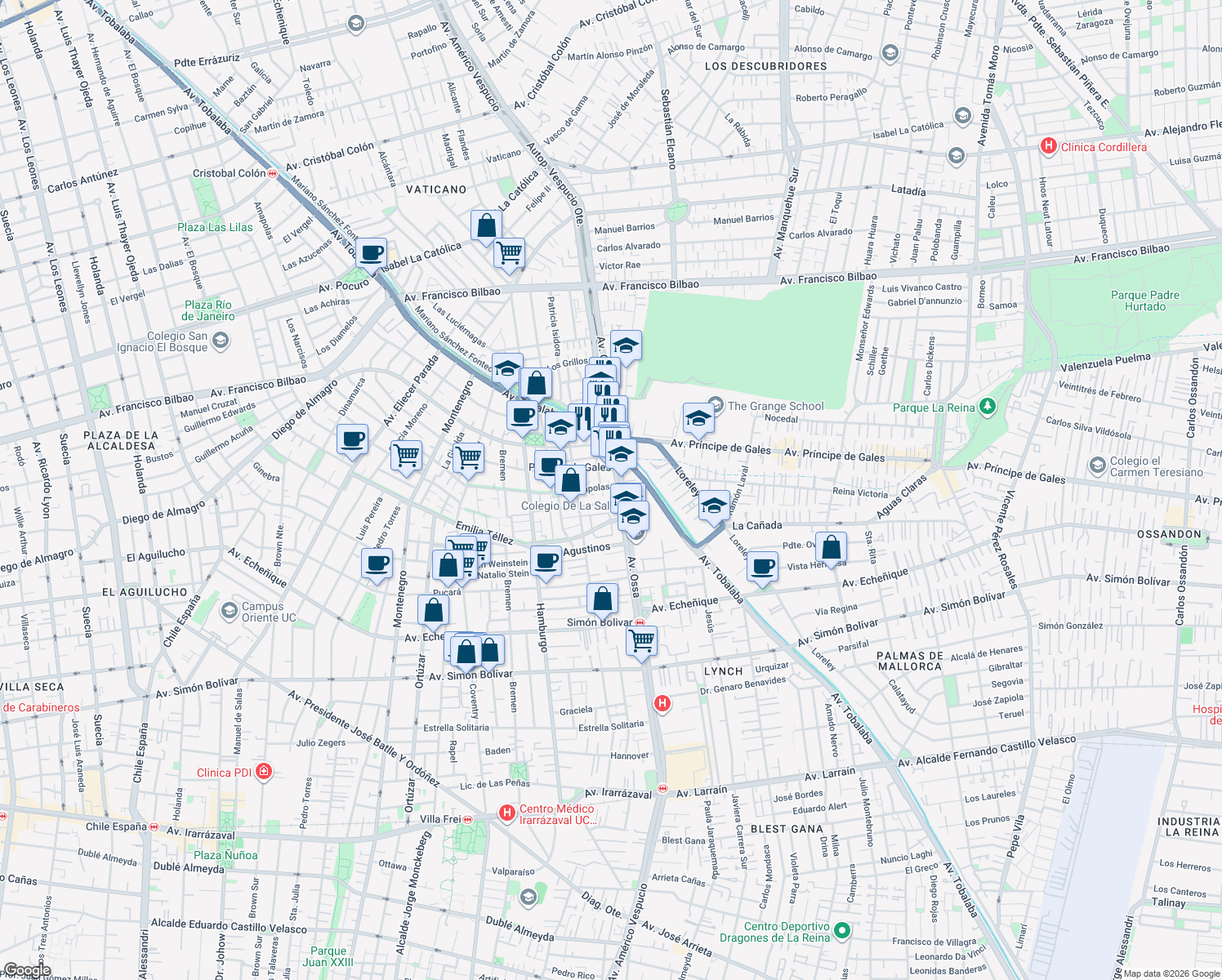 map of restaurants, bars, coffee shops, grocery stores, and more near 5565 Amapolas in Ñuñoa