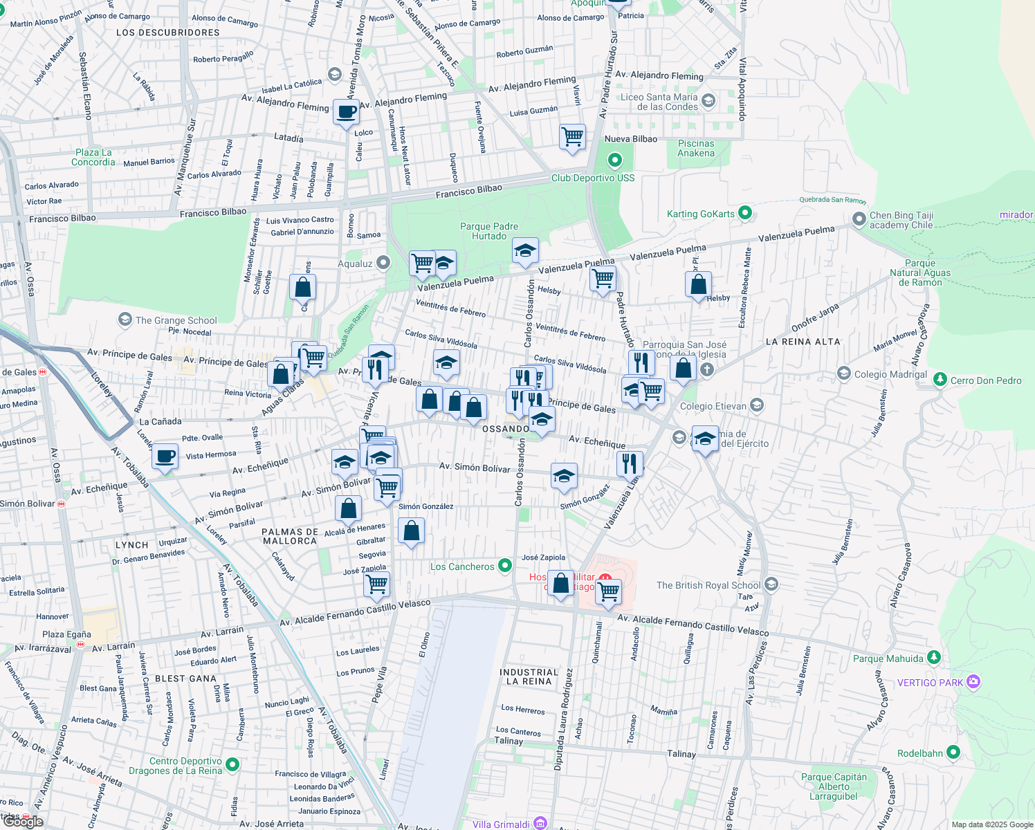 map of restaurants, bars, coffee shops, grocery stores, and more near 1220 Carlos Ossandon in La Reina
