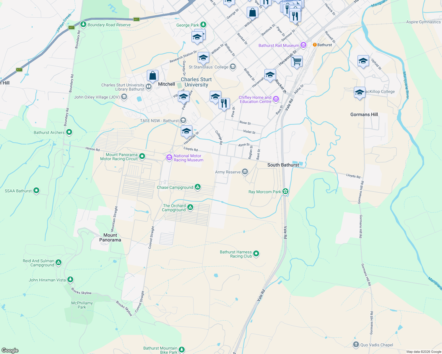 map of restaurants, bars, coffee shops, grocery stores, and more near 11 Arunta Street in South Bathurst