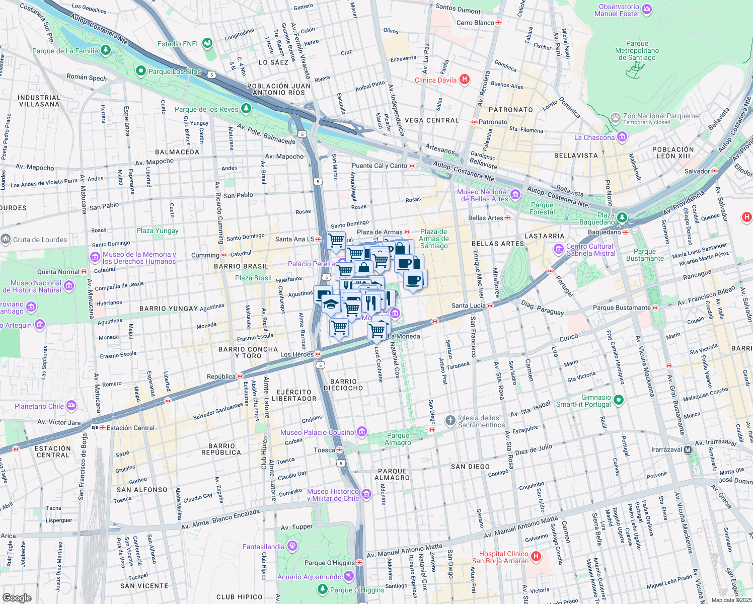 map of restaurants, bars, coffee shops, grocery stores, and more near 1326 Moneda in Santiago