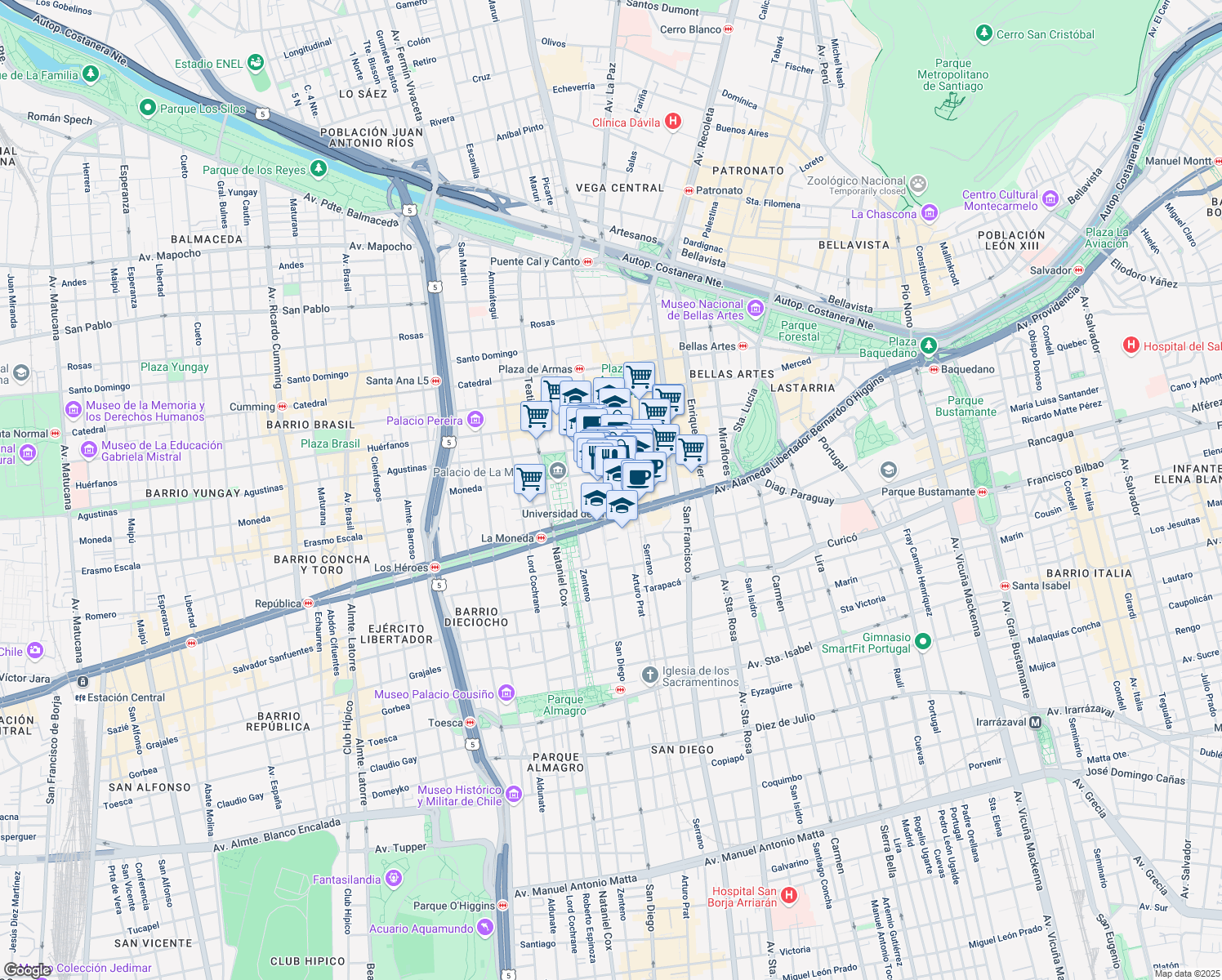 map of restaurants, bars, coffee shops, grocery stores, and more near in Santiago