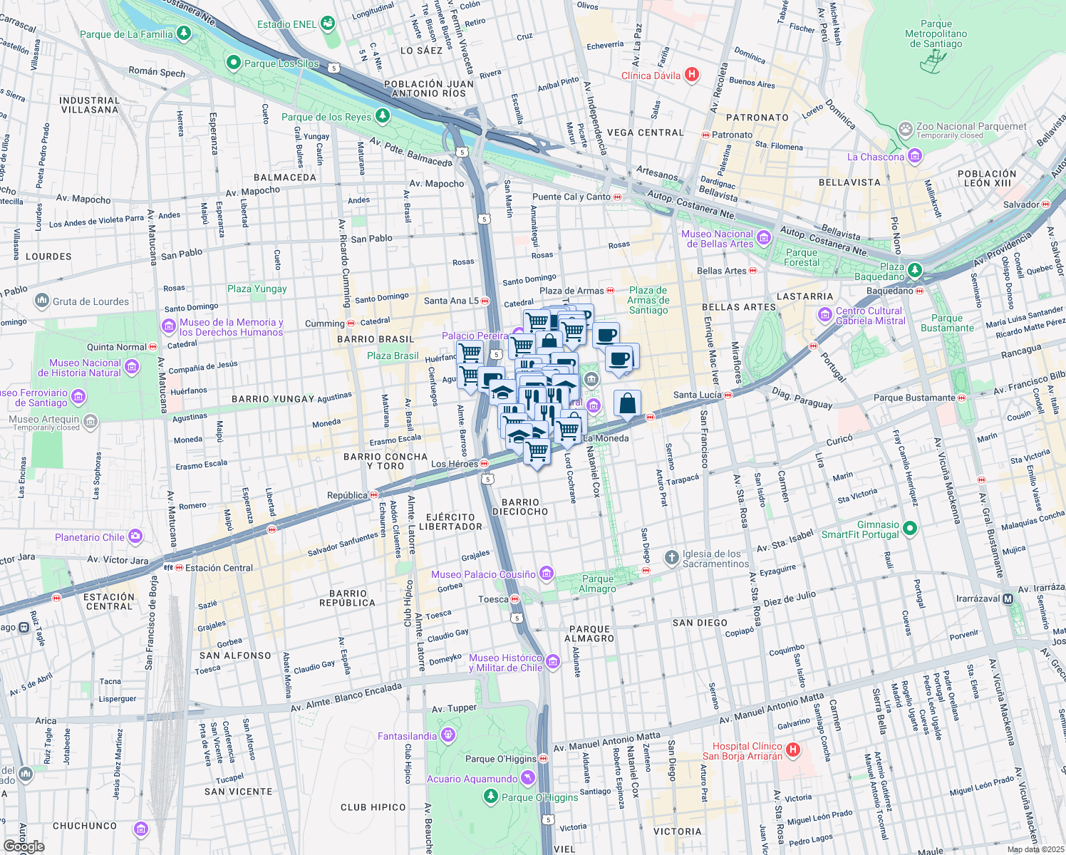 map of restaurants, bars, coffee shops, grocery stores, and more near 35 San Martín in Santiago