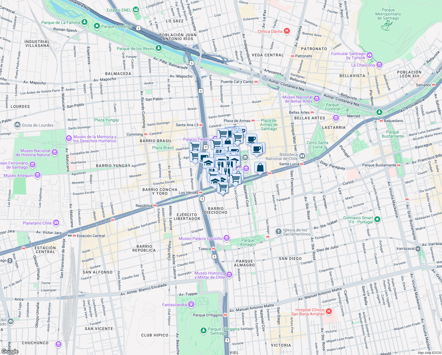 map of restaurants, bars, coffee shops, grocery stores, and more near 35 San Martín in Santiago