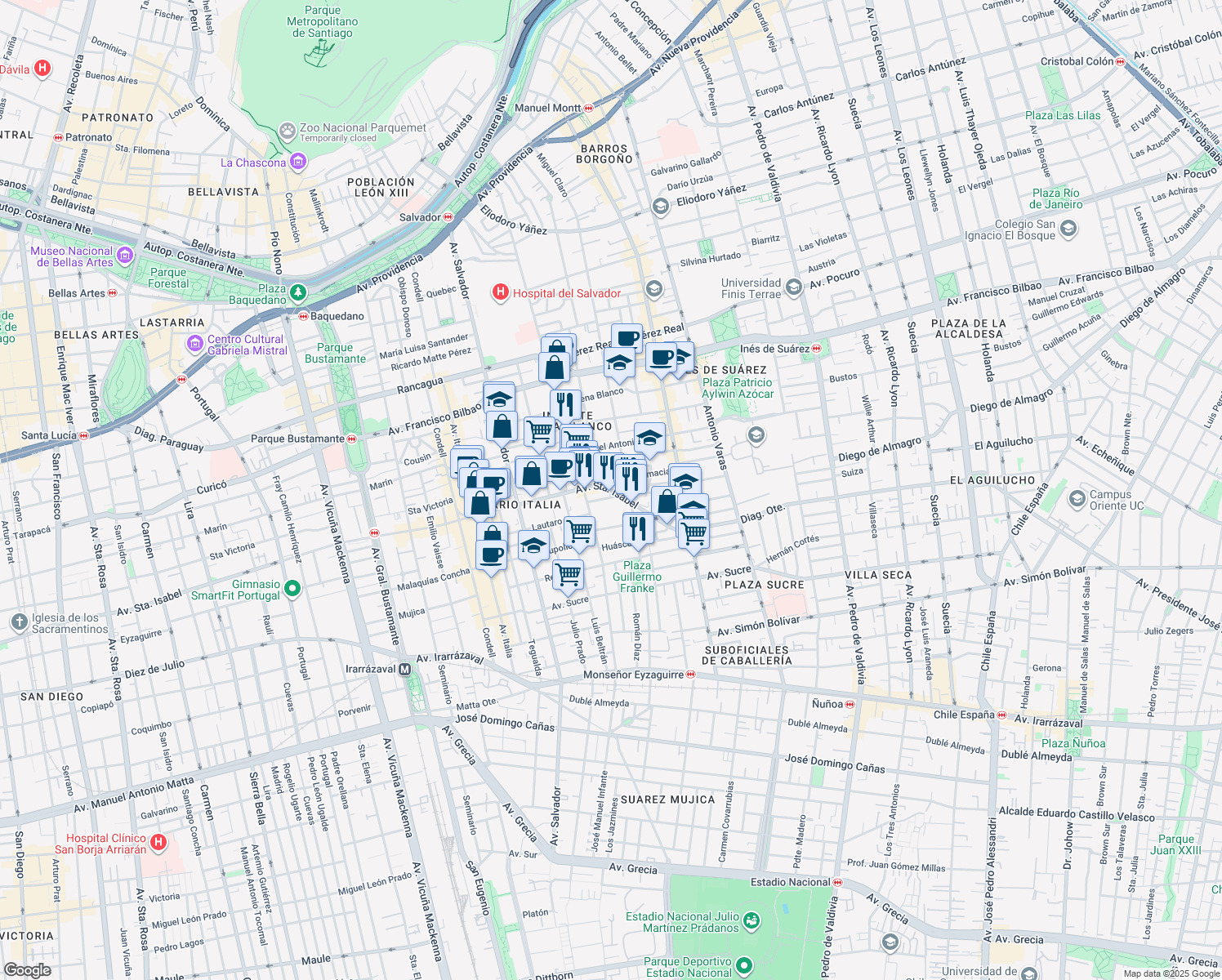 map of restaurants, bars, coffee shops, grocery stores, and more near 1001 Santa Isabel in Providencia