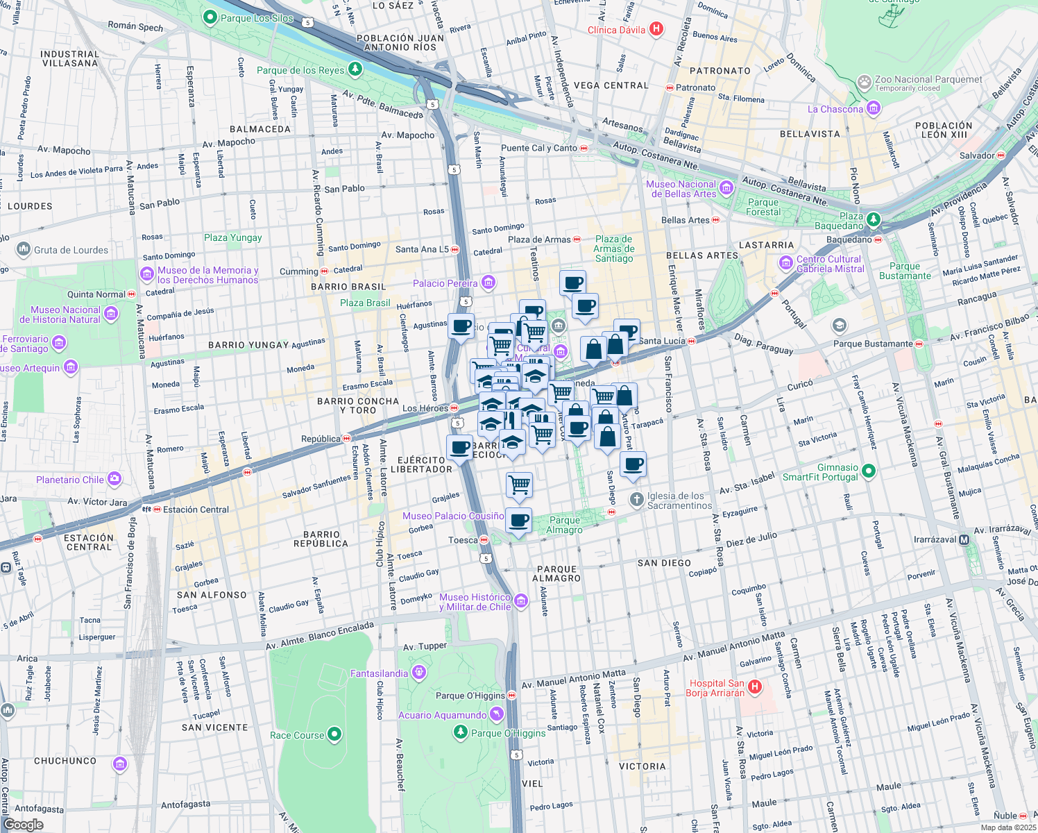 map of restaurants, bars, coffee shops, grocery stores, and more near 1465 Padre Alonso de Ovalle in Santiago