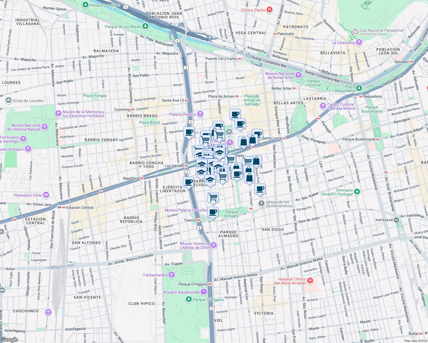 map of restaurants, bars, coffee shops, grocery stores, and more near 1465 Padre Alonso de Ovalle in Santiago