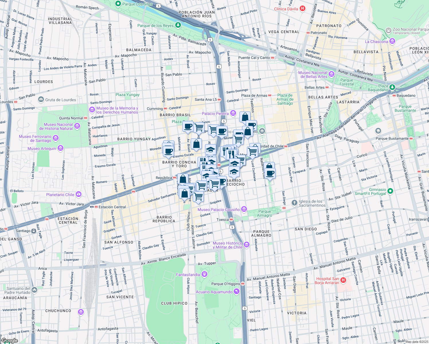 map of restaurants, bars, coffee shops, grocery stores, and more near 1750 Libertador Bernardo O Higgins in Santiago