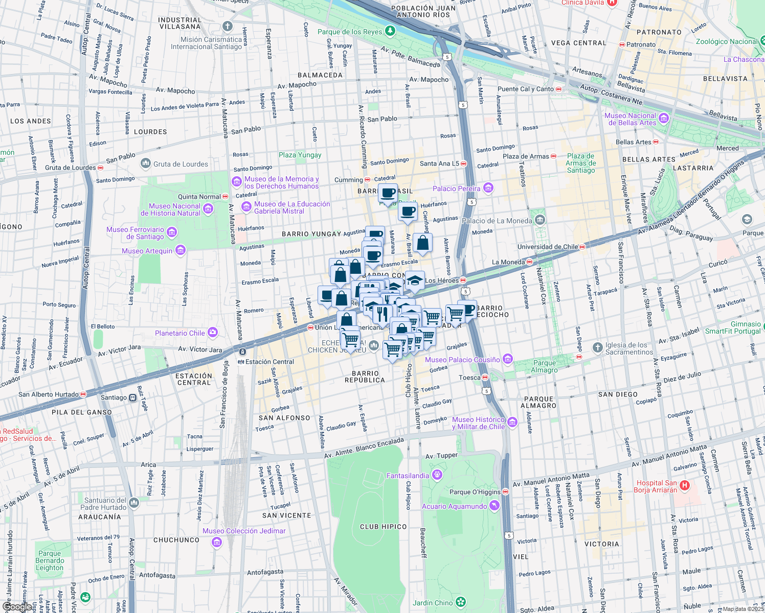 map of restaurants, bars, coffee shops, grocery stores, and more near 2236 Avenida Libertador Bernardo O'Higgins in Santiago