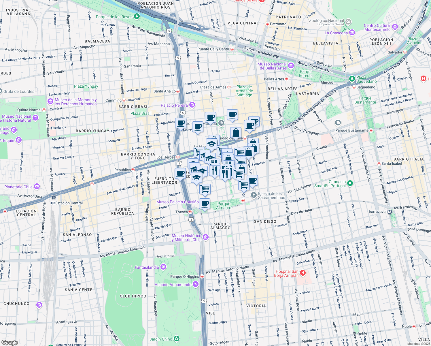 map of restaurants, bars, coffee shops, grocery stores, and more near 166 Lord Cochrane in Santiago