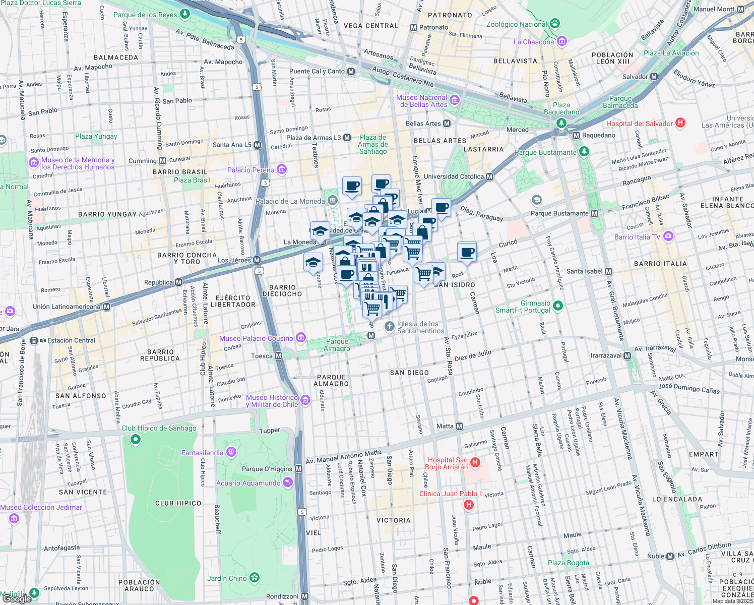 map of restaurants, bars, coffee shops, grocery stores, and more near Eleuterio Ramírez in Santiago