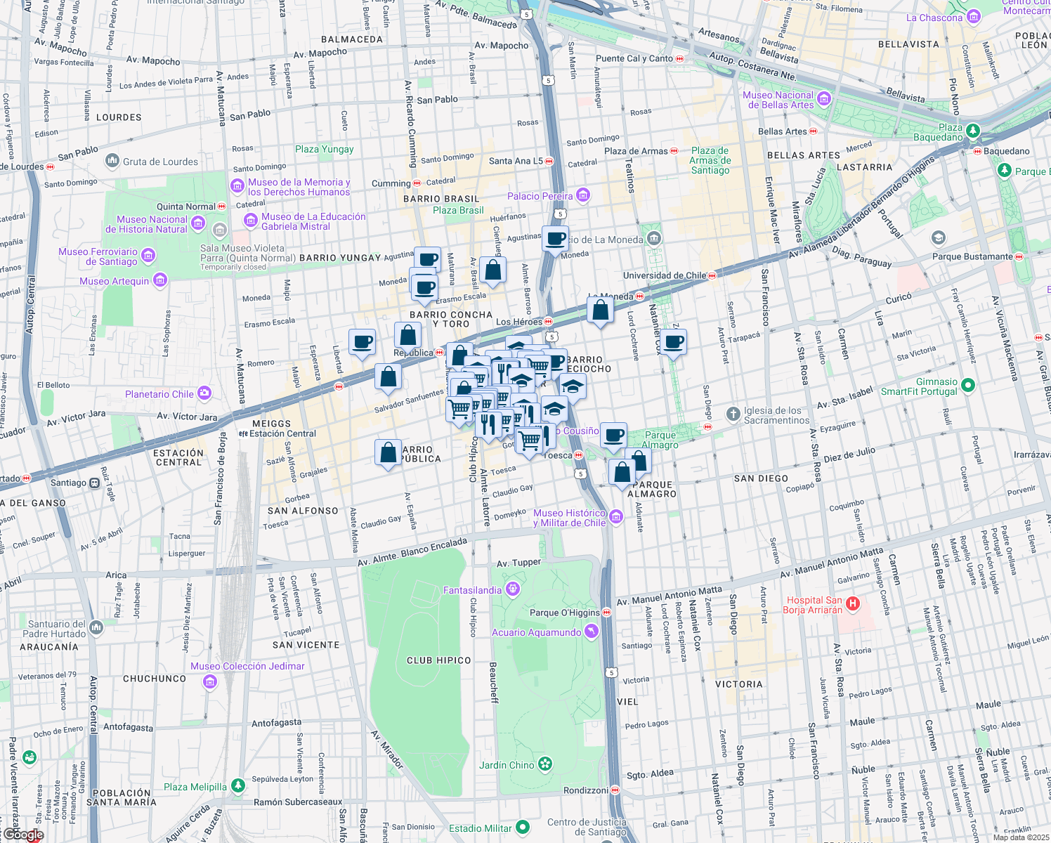 map of restaurants, bars, coffee shops, grocery stores, and more near 324 Vergara in Santiago