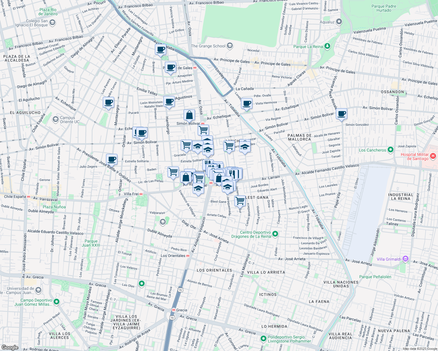 map of restaurants, bars, coffee shops, grocery stores, and more near 123 Avenida Ossa in La Reina