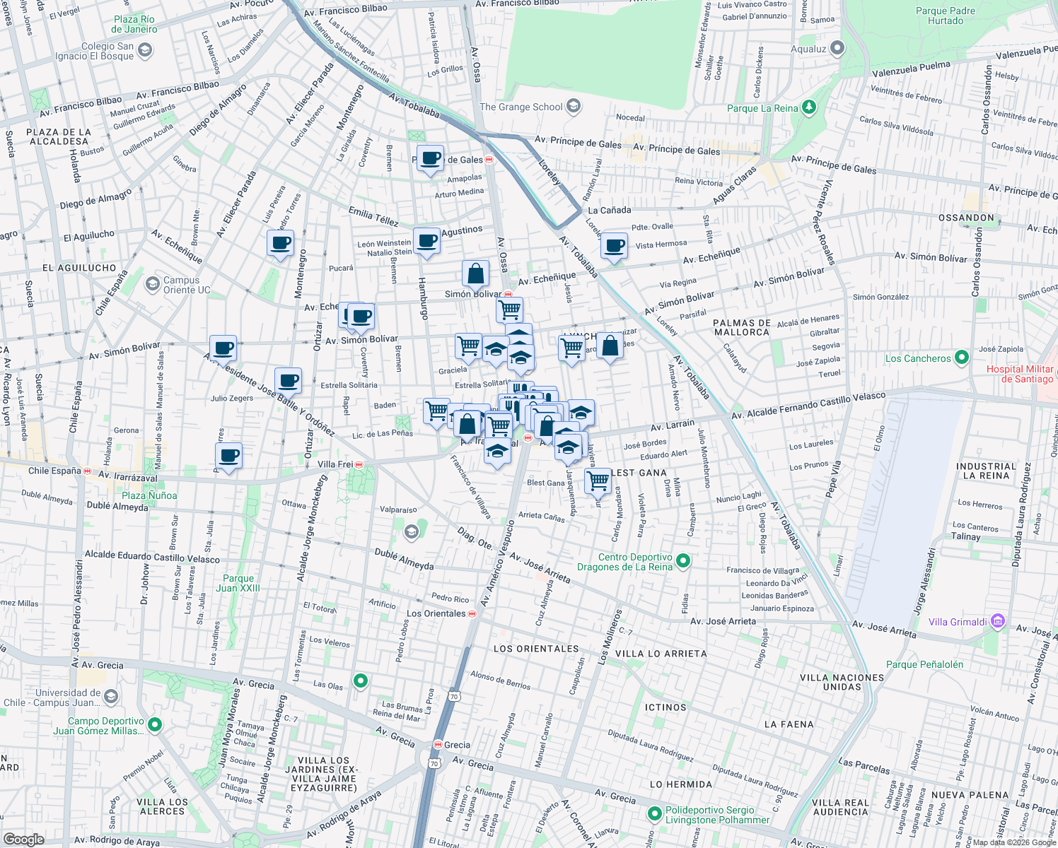 map of restaurants, bars, coffee shops, grocery stores, and more near 123 Avenida Ossa in La Reina