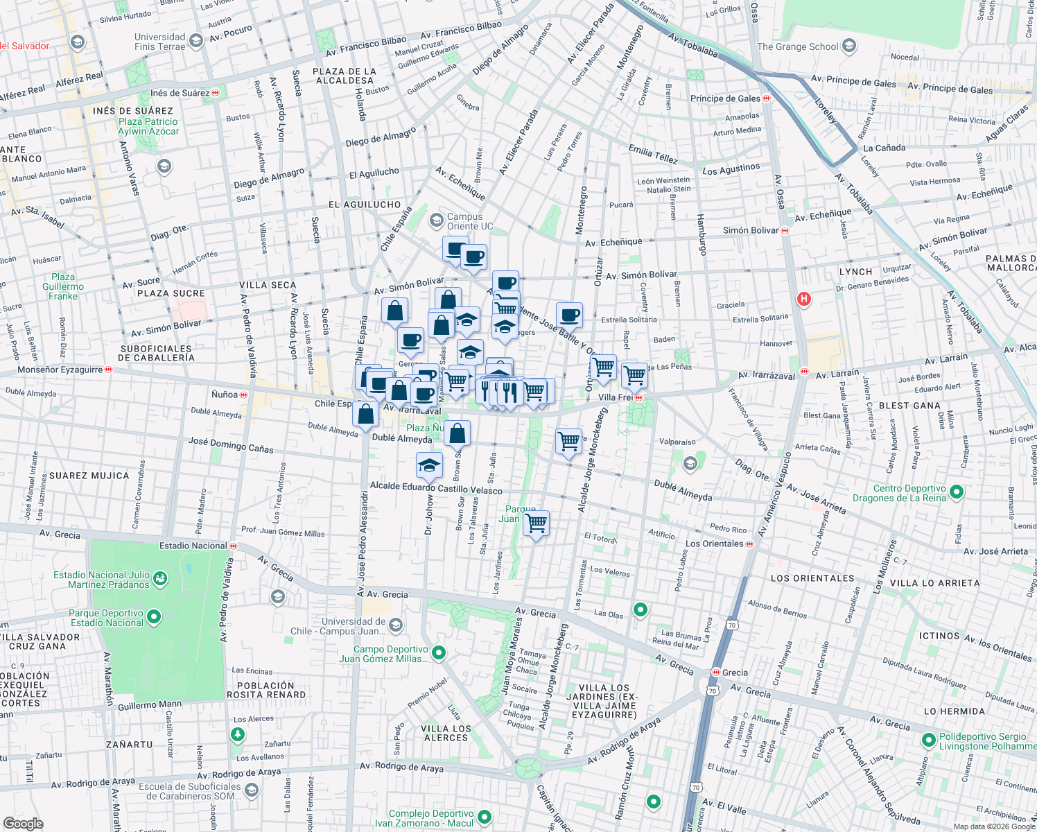 map of restaurants, bars, coffee shops, grocery stores, and more near 1 Los Jardines in Ñuñoa