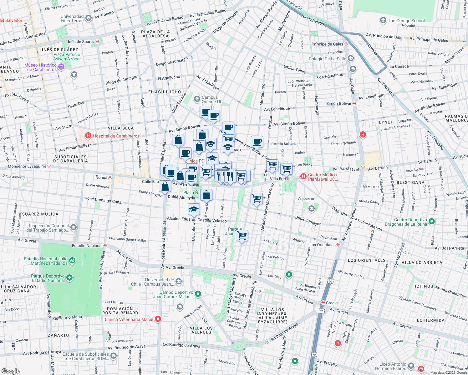 map of restaurants, bars, coffee shops, grocery stores, and more near 1 Los Jardines in Ñuñoa