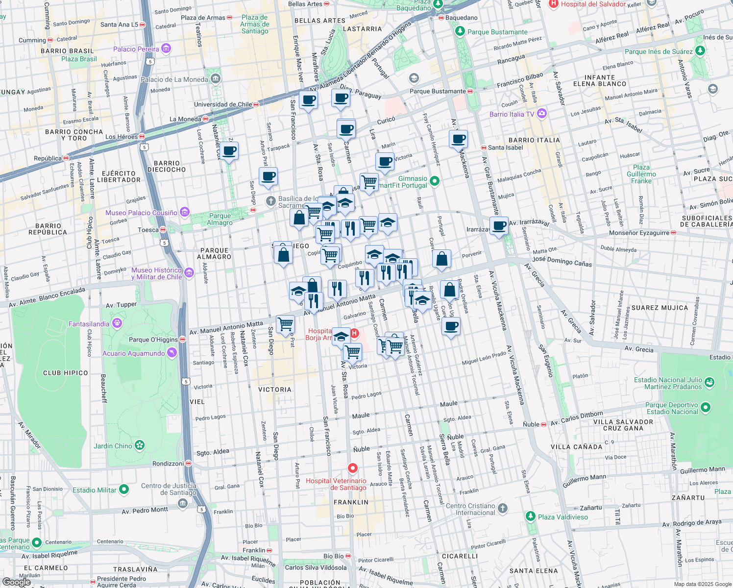 map of restaurants, bars, coffee shops, grocery stores, and more near 581 Manuel Antonio Matta in Santiago