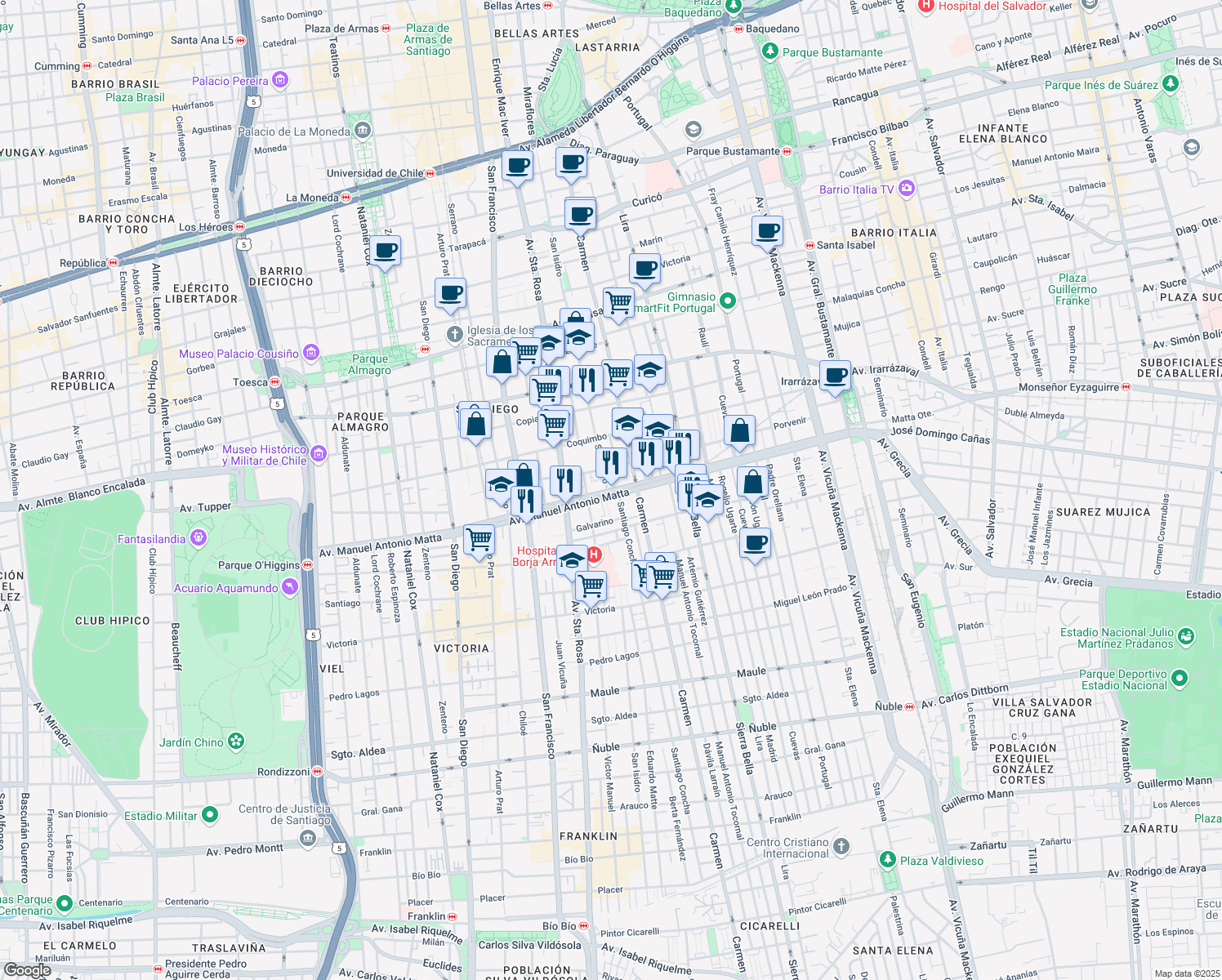 map of restaurants, bars, coffee shops, grocery stores, and more near 581 Manuel Antonio Matta in Santiago