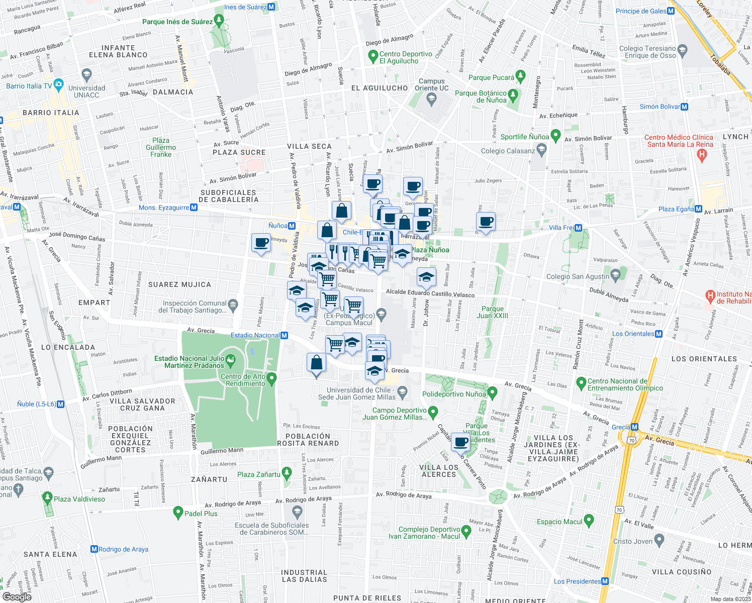 map of restaurants, bars, coffee shops, grocery stores, and more near 557 Avenida José Pedro Alessandri in Ñuñoa