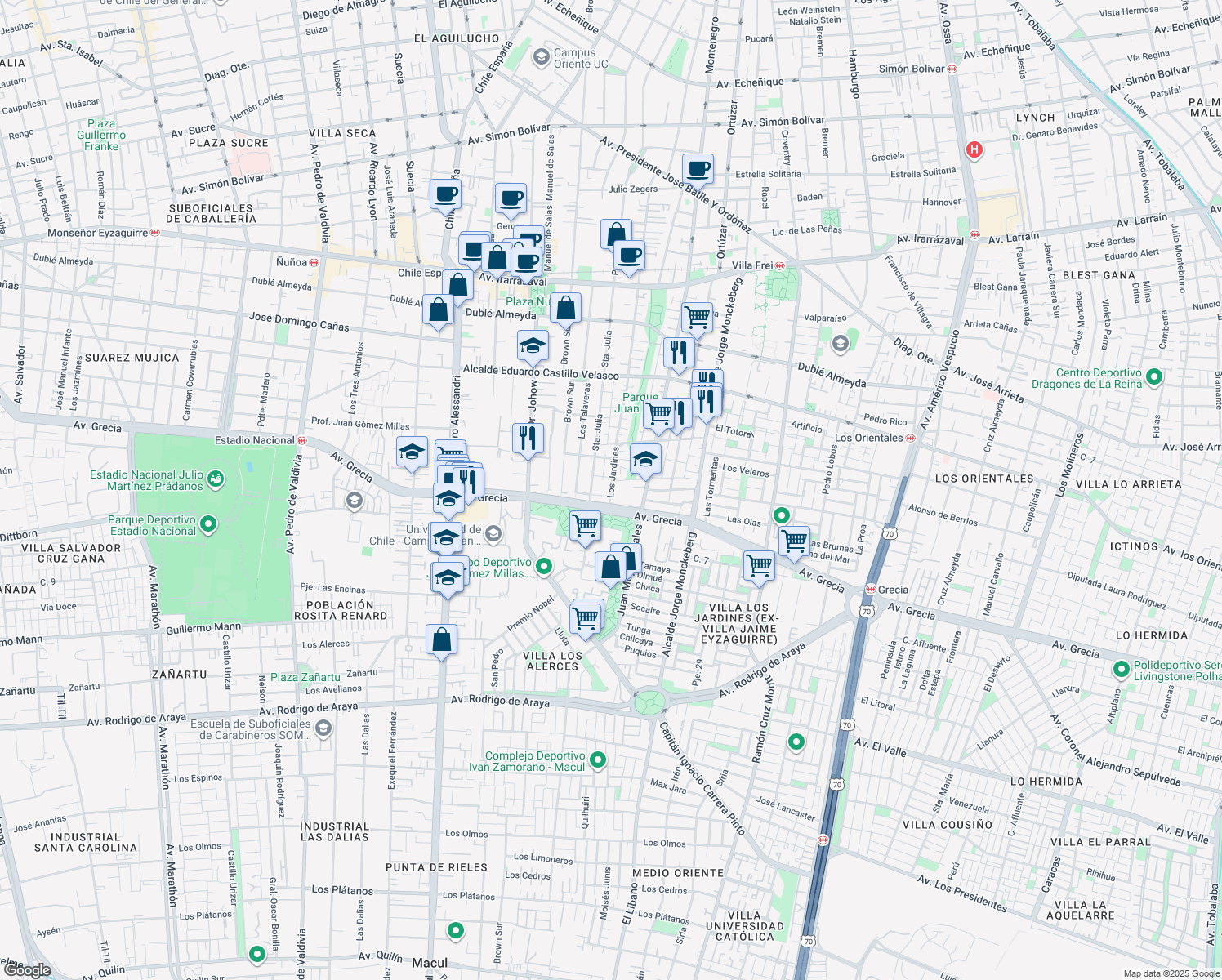 map of restaurants, bars, coffee shops, grocery stores, and more near 991 Los Jardines in Santiago