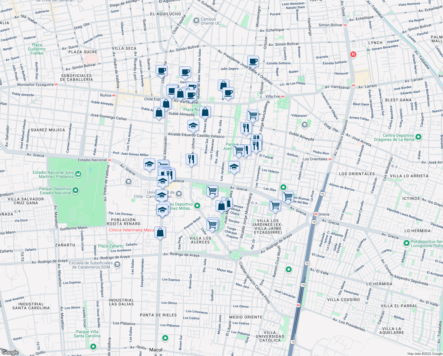 map of restaurants, bars, coffee shops, grocery stores, and more near 991 Los Jardines in Santiago