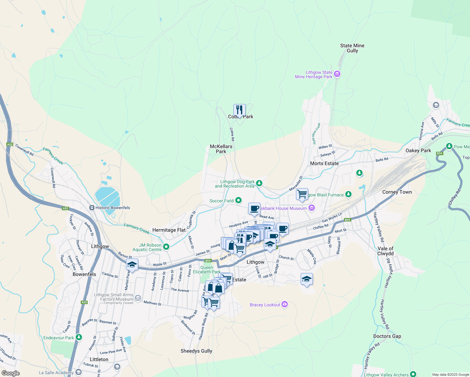 map of restaurants, bars, coffee shops, grocery stores, and more near LOT 2 Sandford Avenue in Lithgow