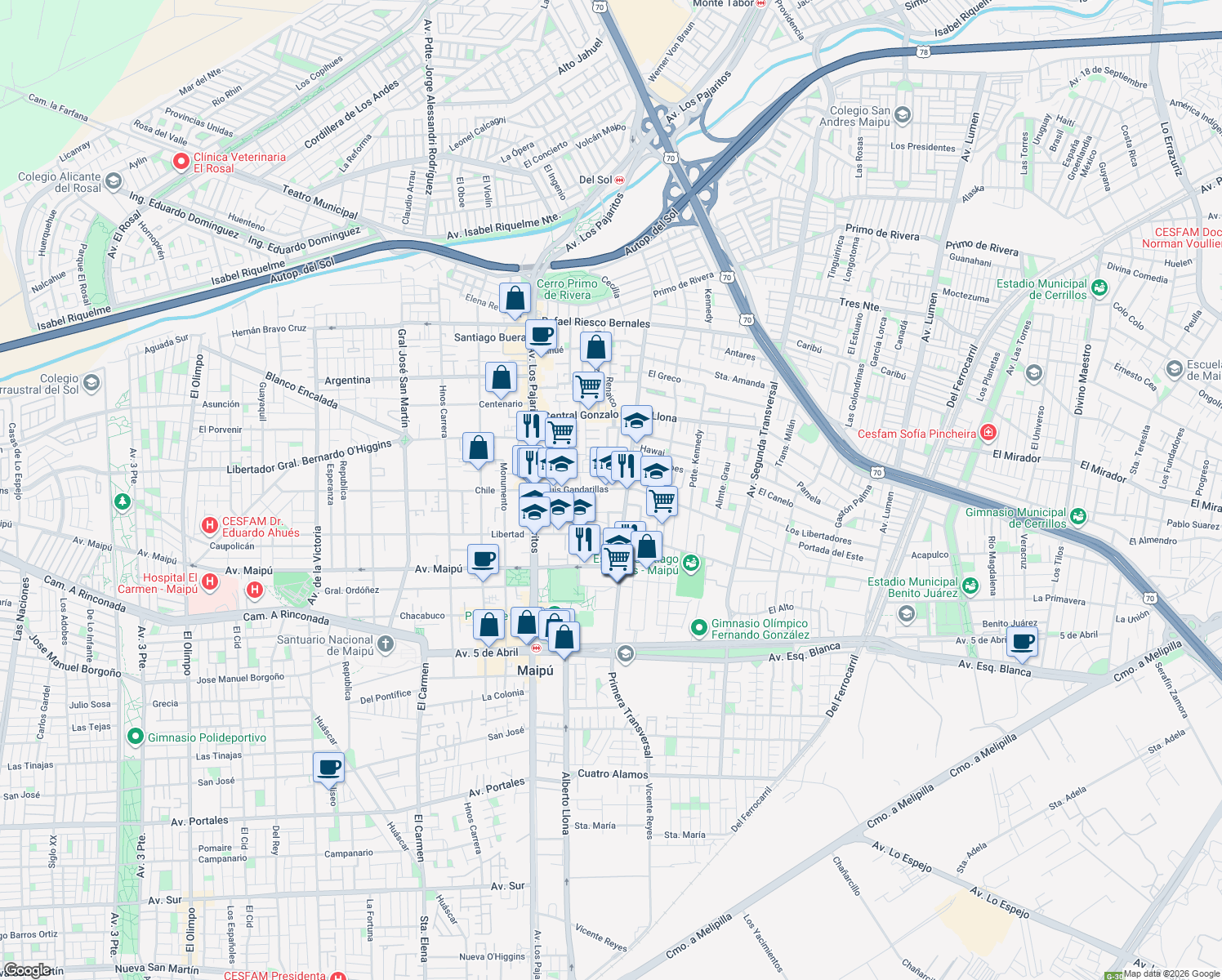 map of restaurants, bars, coffee shops, grocery stores, and more near 359 Luis Gandarillas in Santiago